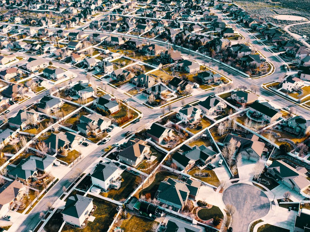 Aerial view of a suburban residential neighborhood